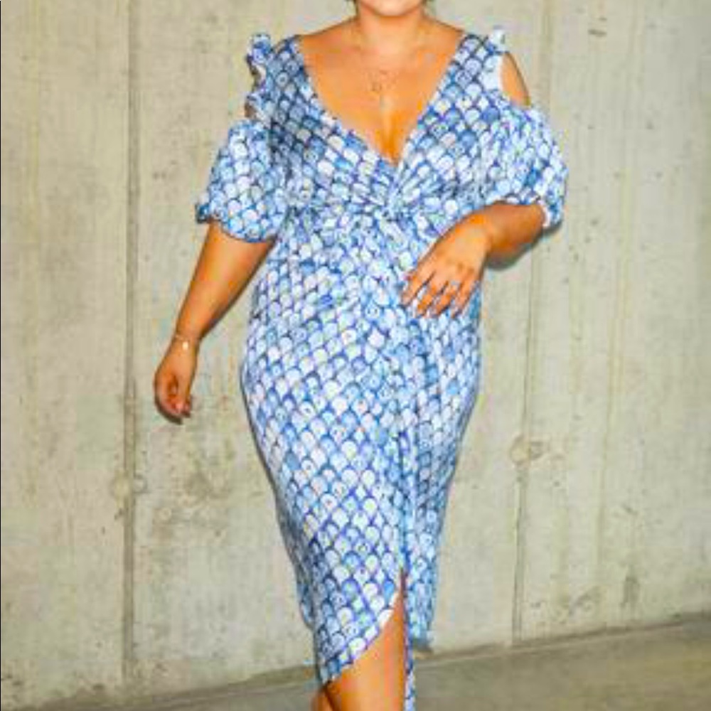 Never Fully Dressed Blue Cold Shoulder Wrap dress